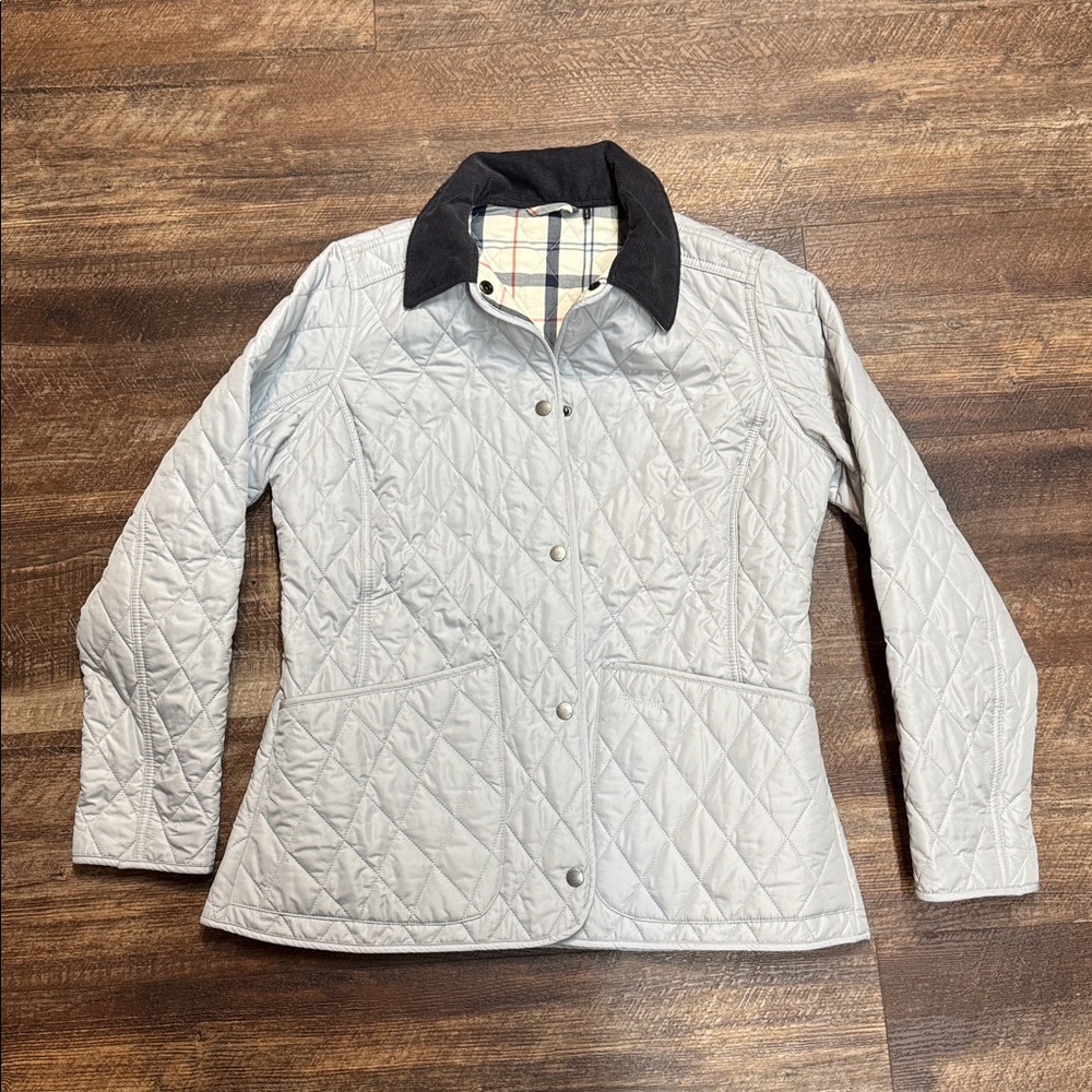 Barbour Annandale Jacket Women 10 gray Quilted Snap Corduroy Collar country